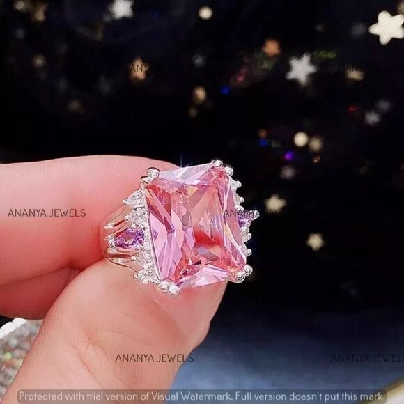 Stunning 4Ct Lab Grown Pink Sapphire Engagement Ring in 14K White Gold Plating - Picture 1 of 5